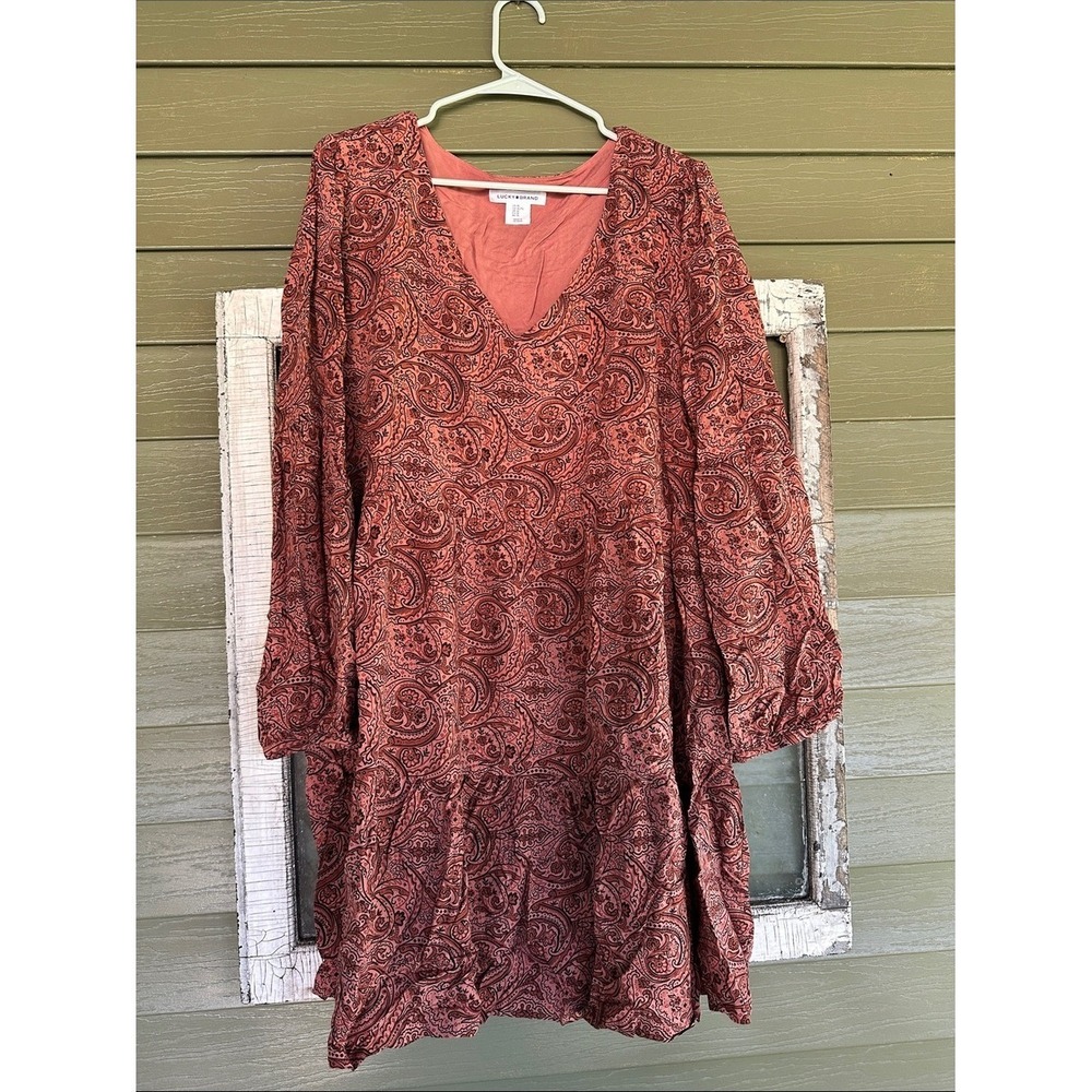 Lucky Brand Womens XL Paisley V-Neck Tiered Long Sleeve Mini Dress Coral Boho